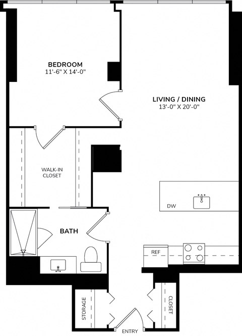 A floor plan of a small apartment with a bedroom, bathroom, living/dining area, and storage closet.